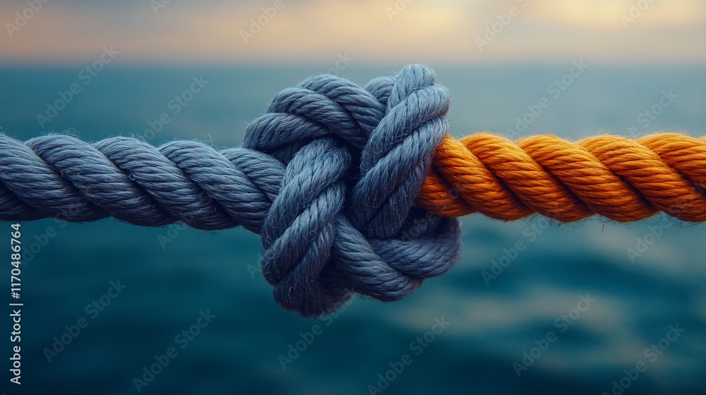 Two ropes tied together in a knot against a blurred ocean background.