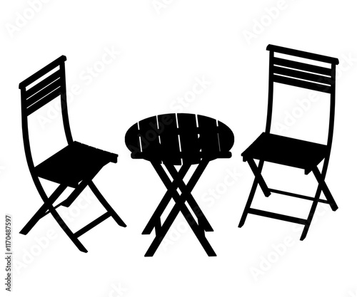Black and white drawing of a table and two chairs. The table is round and the chairs are wooden