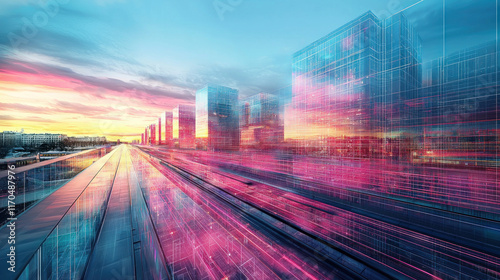 Futuristic cityscape with light trails at sunset.