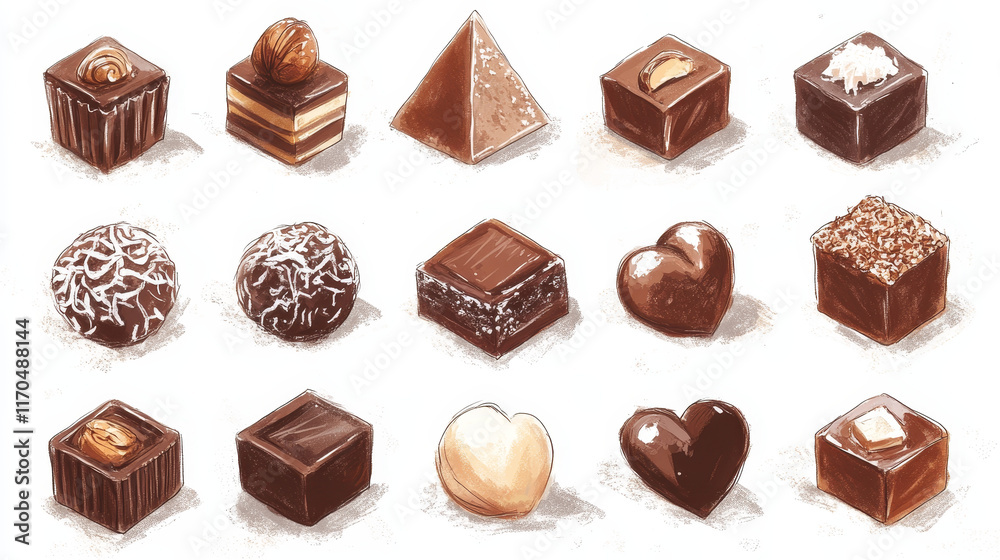 Chocolate candy and bars vector design of sweet food dessert. Sketches of dark cocoa candies in a shape of square, heart and pyramid with praline, truffle, caramel fillings and coconut, nuts toppings Chocolate candy and bars vector design of sweet food dessert. Sketches of dark cocoa candies in a shape of square, heart and pyramid with praline, truffle, caramel fillings and coconut, nuts toppings