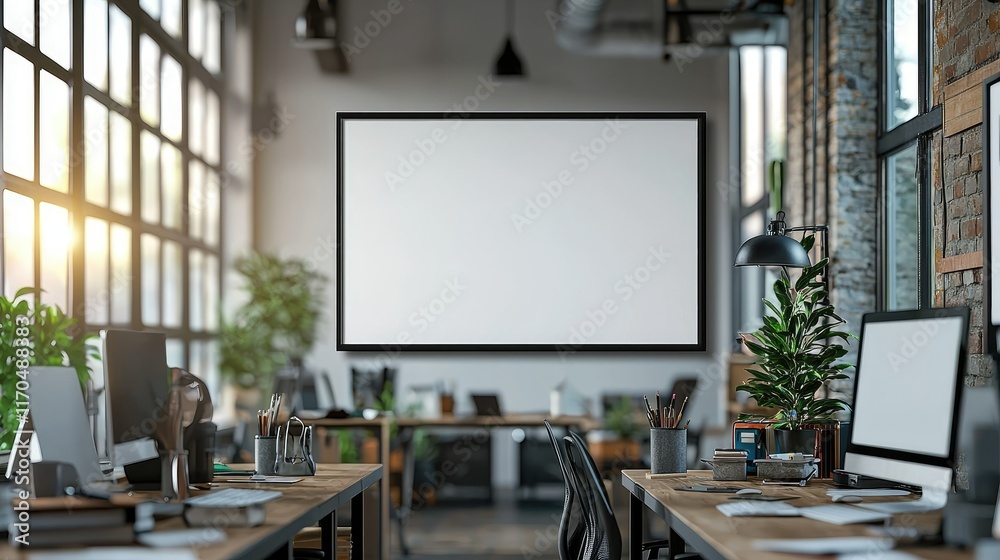 Blank poster in modern office workspace. Blank poster in modern office workspace.