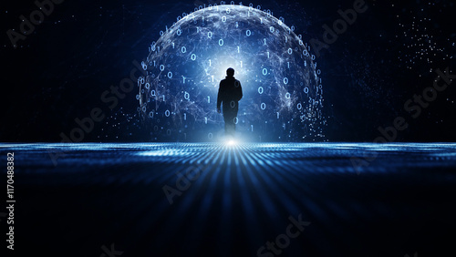 Man in digital binary code sphere cyberspace illustration.