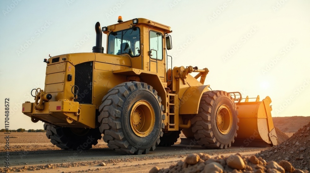Powerful Yellow Wheel Loader on Construction Site at Sunset Powerful Yellow Wheel Loader on Construction Site at Sunset