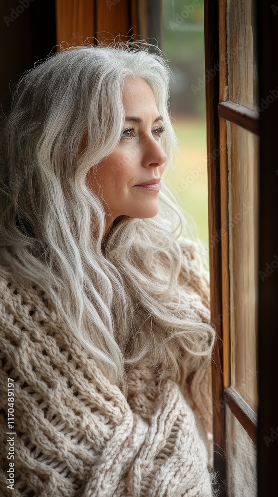 Reflective woman gazing out of a window in a cozy setting during soft daylight Reflective woman gazing out of a window in a cozy setting during soft daylight