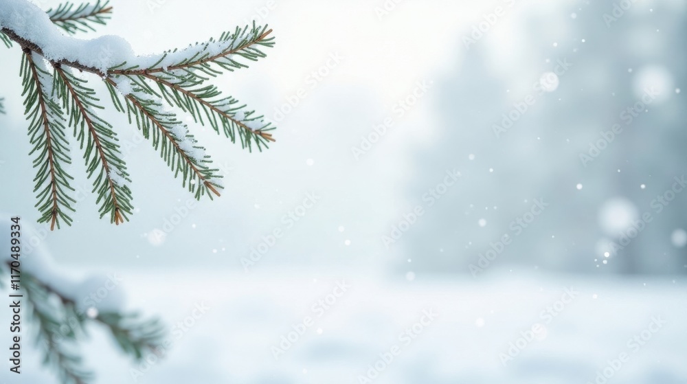Serene Winter Scene Snow-Covered Evergreen Branch Against a Softly Falling Snow Background Serene Winter Scene Snow-Covered Evergreen Branch Against a Softly Falling Snow Background
