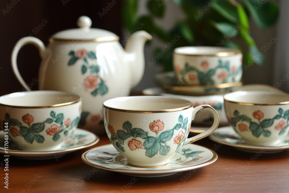 Fototapeta premium Porcelain tea set with floral decoration sitting on wooden table