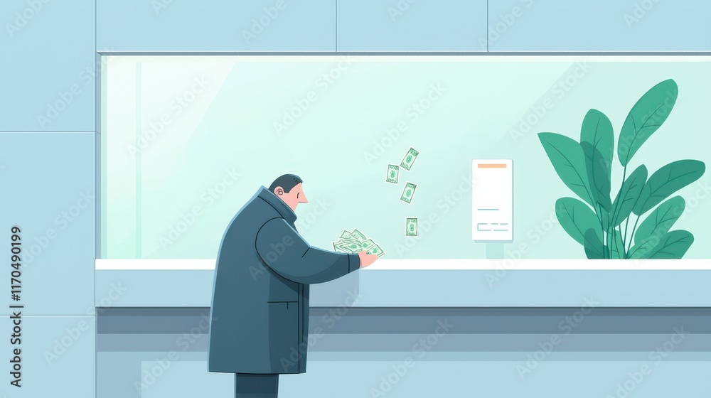 Fototapeta premium Businessman Making Large Cash Deposit at Bank Counter with Money in Hand and Greenery in Background