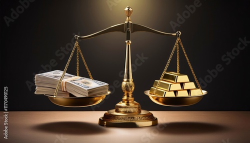A balanced scale displays the relative value of gold and currency