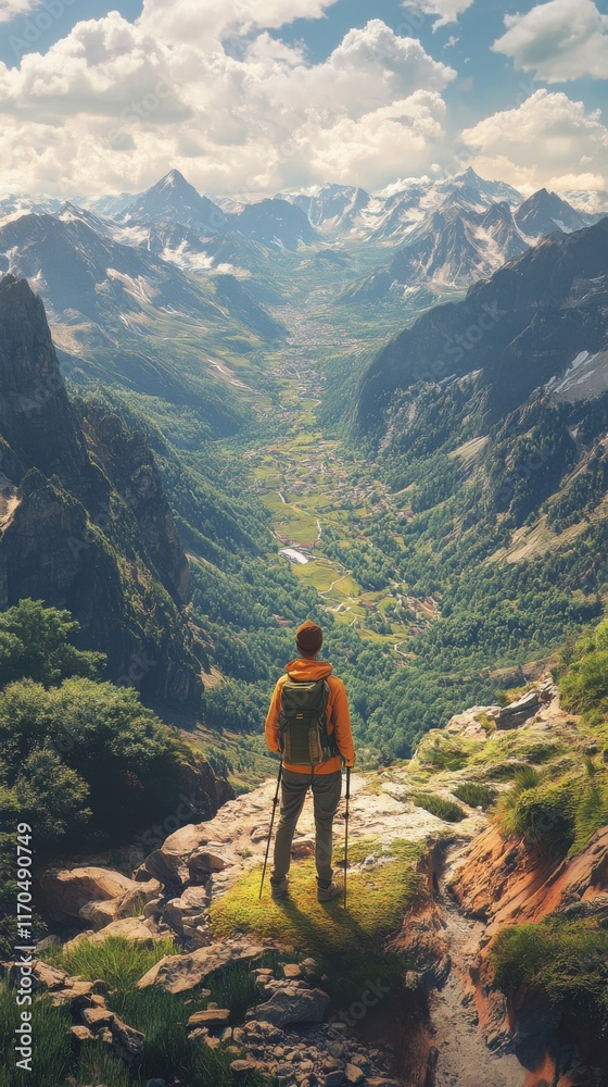 Hiker overlooking a breathtaking valley surrounded by towering mountains during a sunny day