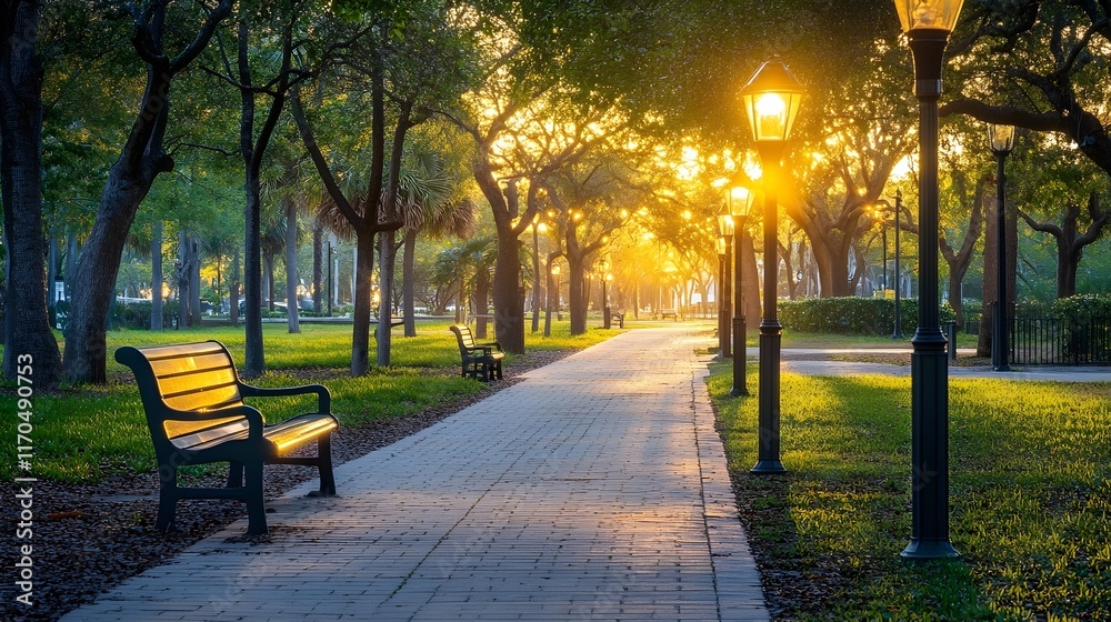Obraz premium Serene Sunrise Stroll: Park Path with Bench and Lampposts