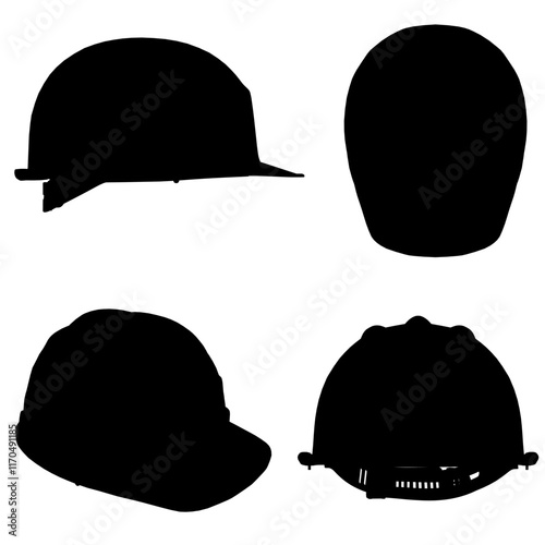 Four different types of helmets are shown in black and white. The first helmet is a hard hat, the second is a baseball cap, the third is a motorcycle helmet, and the fourth is a construction helmet photo