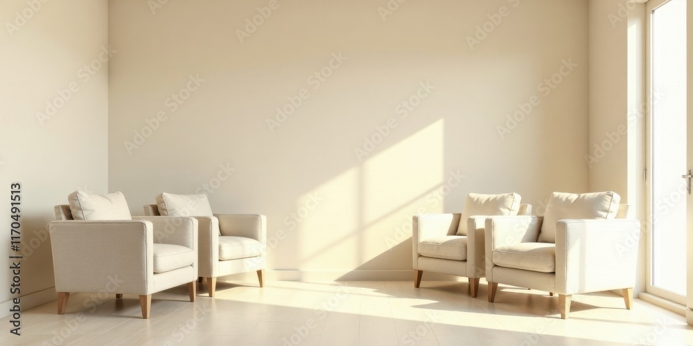 Fototapeta premium Sunlight illuminates a minimalist living room with four armchairs