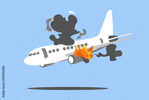 An airplane malfunctions, exploding into flames and smoke, leading to a crash.