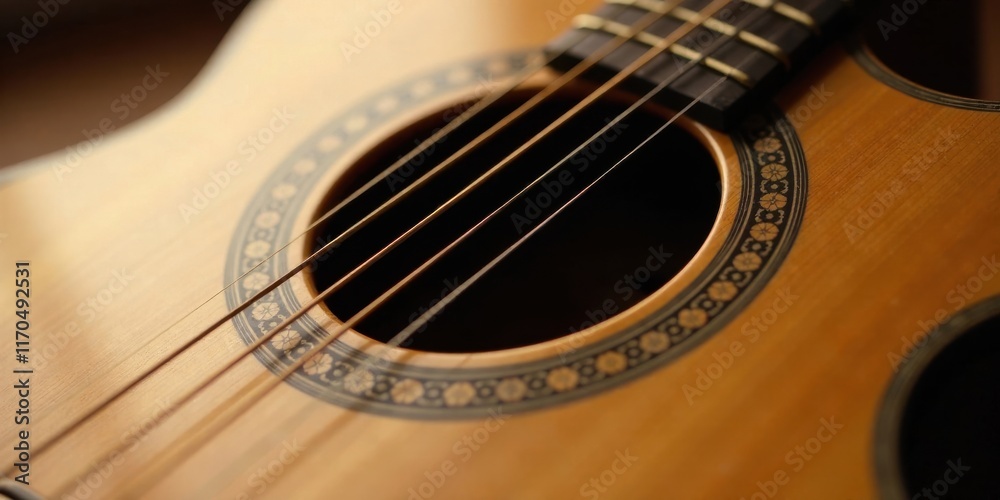 Close-up view of an acoustic guitar's soundhole and strings Close-up view of an acoustic guitar's soundhole and strings