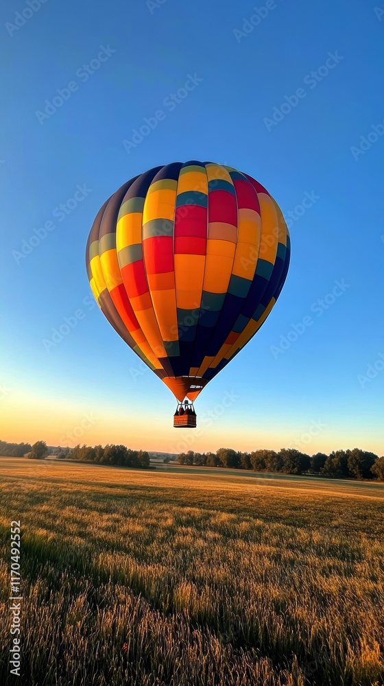 Obraz premium A vibrant hot air balloon gracefully floats over golden fields at sunrise, offering a breathtaking view of nature's beauty and the excitement of aerial exploration.