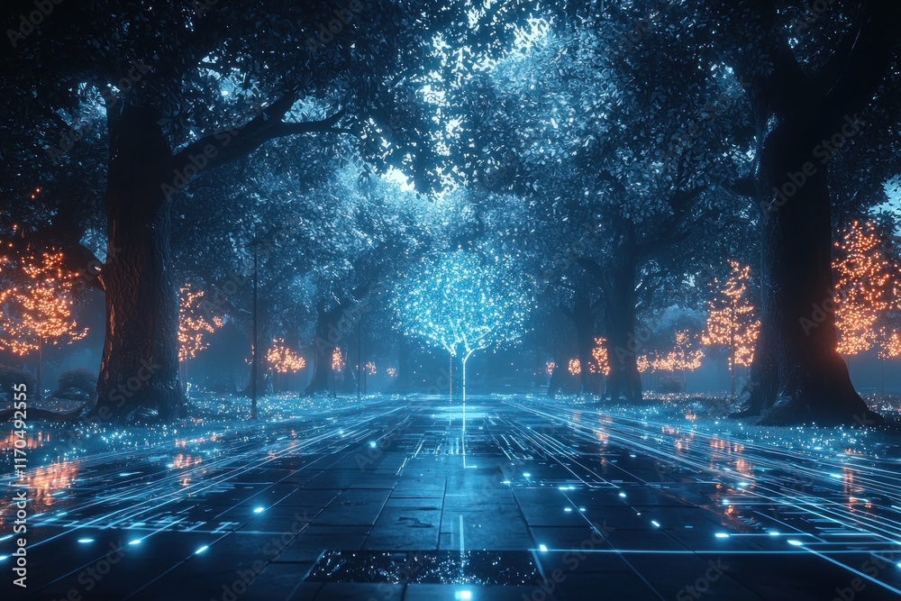 Fototapeta premium Glowing digital tree in a futuristic forest path at night.
