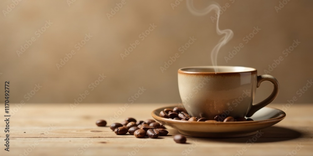 Aromatic Coffee Cup with Steaming Brew and Roasted Beans on Wooden Table Aromatic Coffee Cup with Steaming Brew and Roasted Beans on Wooden Table