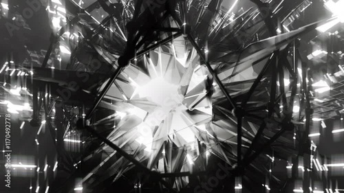A geometric luminous sphere surrounded by platforms and lights in an abstract technological environment. Video loop seamless synchronized at 120 bmp