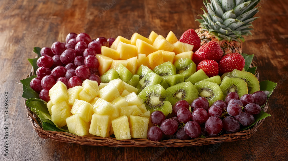 Fruit and berry poster. Apple and pear, banana and pineapple, peach, grape, plum, watermelon and lemon, kiwi, melon and garnet, leaf and grapevine Fruit and berry poster. Apple and pear, banana and pineapple, peach, grape, plum, watermelon and lemon, kiwi, melon and garnet, leaf and grapevine