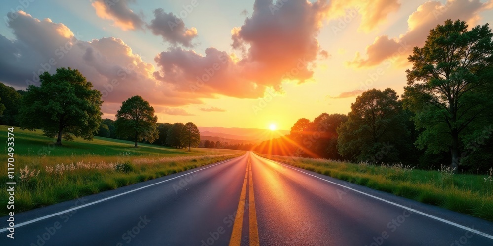 Naklejka premium Asphalt road leading to a vibrant sunset over a tranquil landscape
