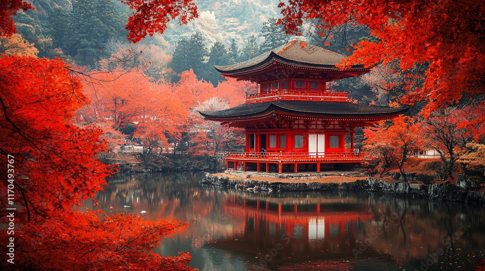 Obraz premium Serene Autumn Scene Red Pagoda Reflected in Calm Water