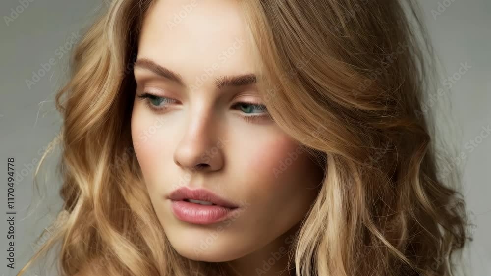 Close-up of  a woman with long, wavy blonde hair cascading over her shoulders