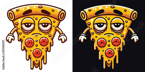 A collection of funny slightly grumpy facial expression cartoon slice of pizza , pizza vector illustration, t-shirt design, funny pizza t-shirt design, 