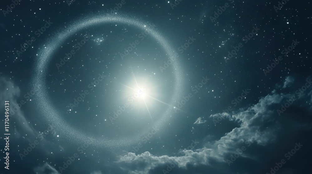 Fototapeta premium Radiant starlight halos illuminate the night sky, creating enchanting views across a serene landscape