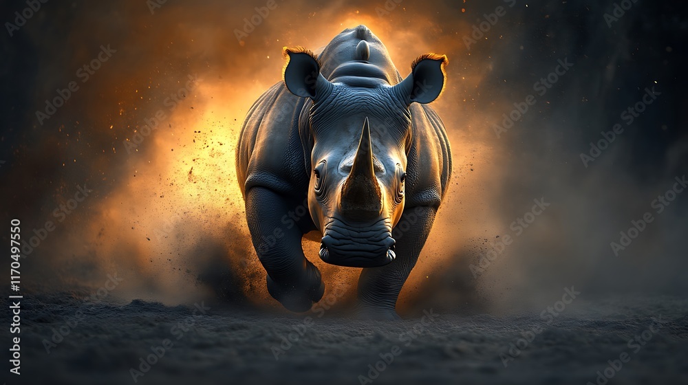 White Rhino Charging Through Dust And Fire
