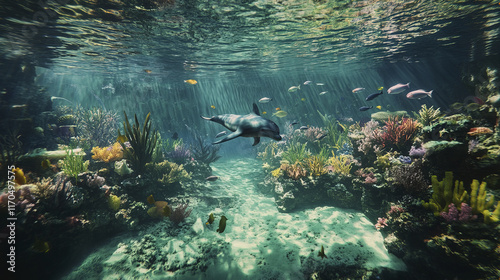 underwater wonderland with vibrant coral reefs and dolphin swimming gracefully