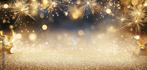 Golden Glitter and Fireworks Festive New Year's Composition,Sparkling Background,Celebration Concept, New Year,Celebration New Year's Eve, Holiday © Ruby
