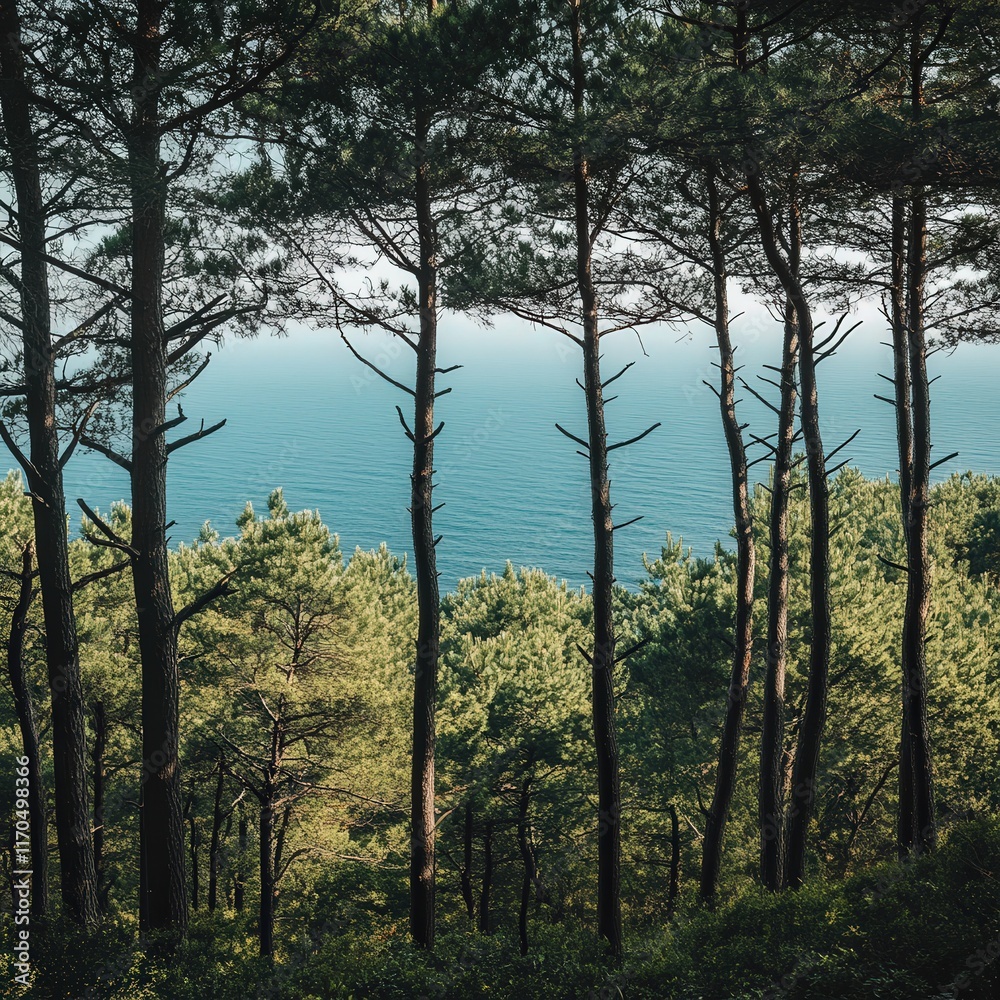 quiet pine forest, the trees standing tall and strong with their lush green needles. In the background quiet pine forest, the trees standing tall and strong with their lush green needles. In the background