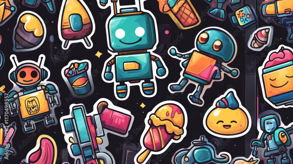 Robot characters stickers of cartoon funny cyborgs and robotic android bots, vector pack set. Retro robot toys stickers of mechanical robotic droids on wheels with face display, laser gun or ice cream Robot characters stickers of cartoon funny cyborgs and robotic android bots, vector pack set. Retro robot toys stickers of mechanical robotic droids on wheels with face display, laser gun or ice cream