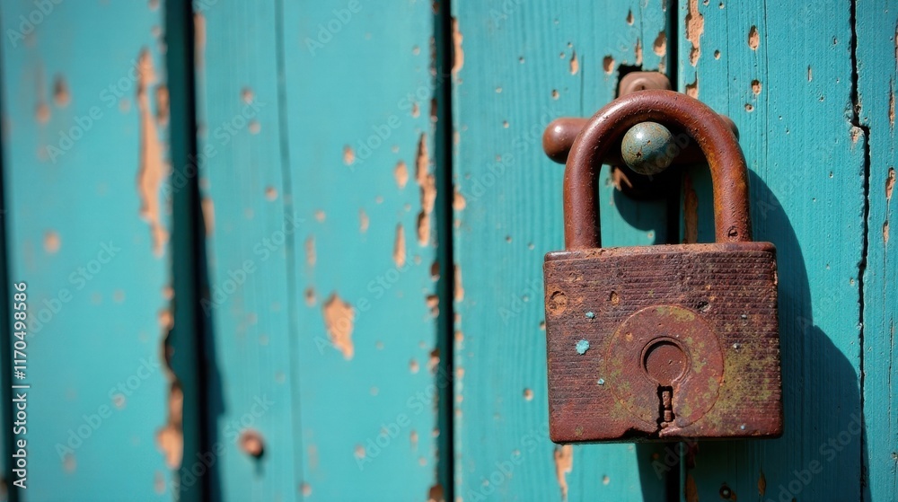 Rusty padlock on weathered teal wood door securing privacy Rusty padlock on weathered teal wood door securing privacy