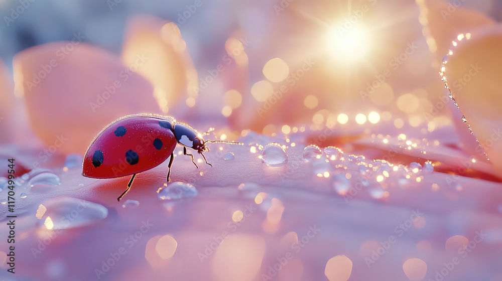 Fototapeta premium Crawling ladybug on dew coated leaf, sparkling in sunlight
