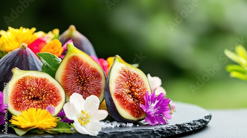 Fresh Figs with Colorful Flowers on Slate Plate, Natural Green Background, Summer Vibes photo