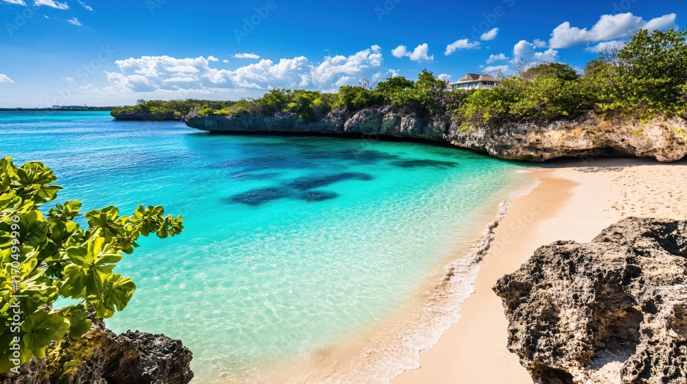 Fototapeta premium Serene Tropical Beach with Crystal Clear Water and Lush Greenery Under Bright Blue Sky