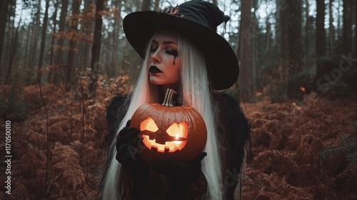 Mysterious Witch in the Forest with a Pumpkin photo