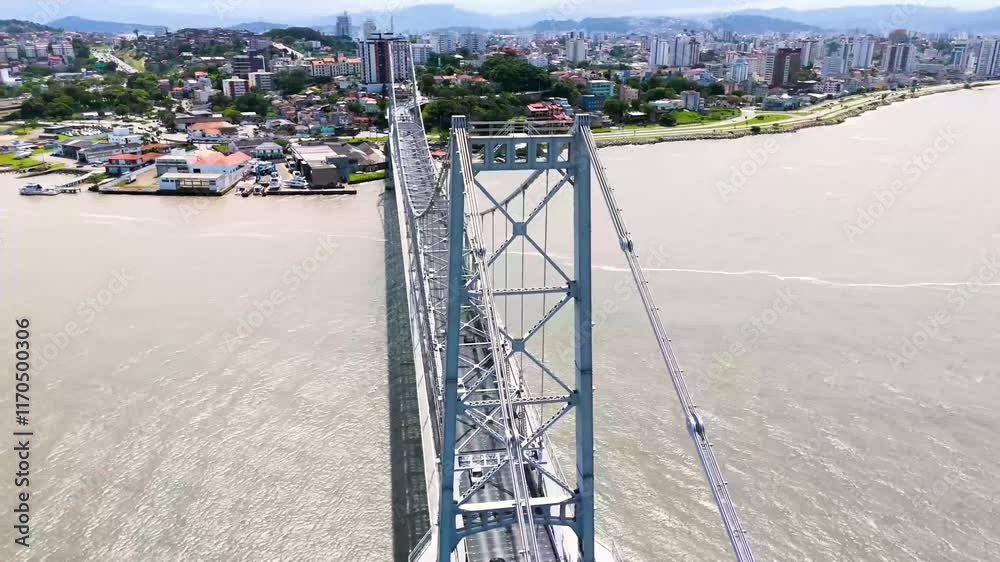 Aerial Rotating Drone Veiw of Hercilio Luz Bridge in Florianopolis o a sunny day Aerial Rotating Drone Veiw of Hercilio Luz Bridge in Florianopolis o a sunny day