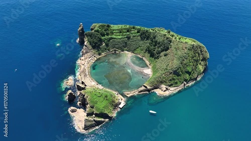 Drone footage of Vila Franca Islet offering stunning views of crater lagoon photo