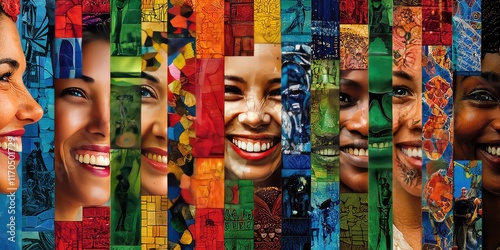 A vibrant photo collage of smiling faces representing global diversity.