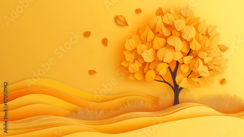Bright Autumn Tree With Yellow Leaves Against a Vibrant Yellow Background