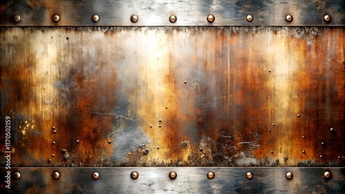 Backgrounds.  A detailed close-up of an aged and weathered metal plate with rust, rivets, and a grunge texture, creating a rugged industrial background.