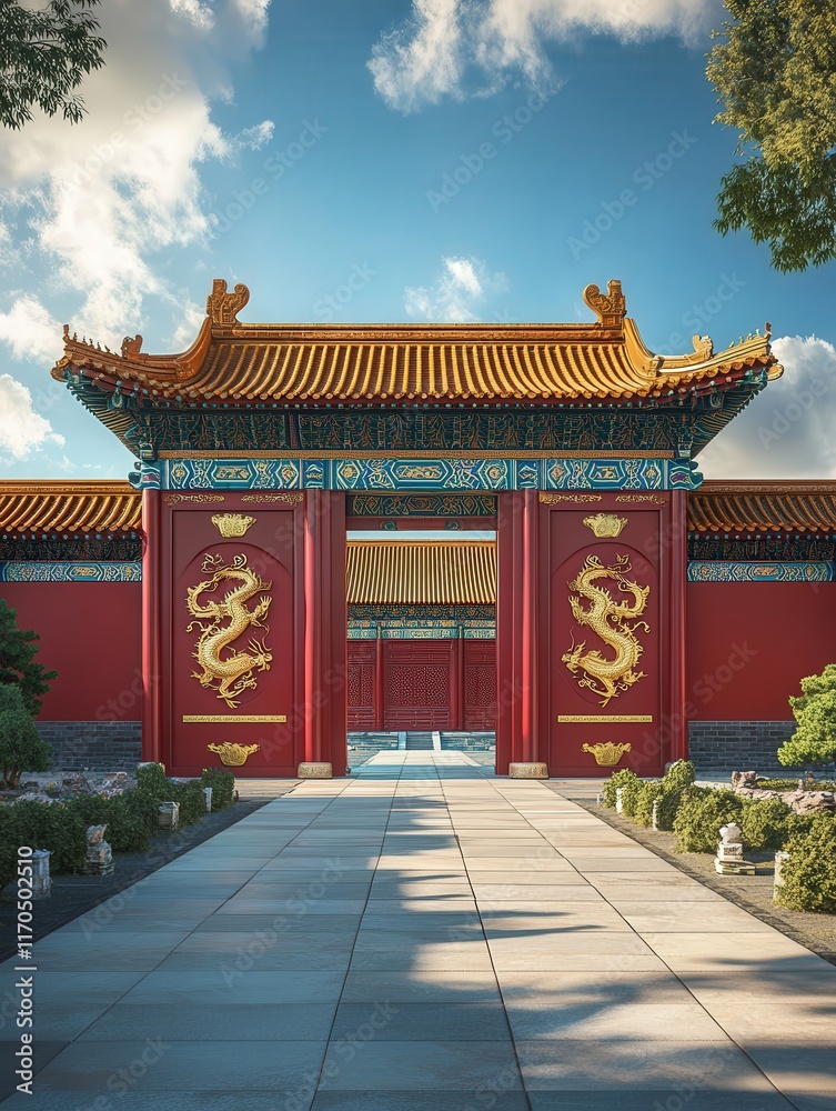 ancient Chinese palace with large red doors, golden dragons engraved on the columns, ancient Chinese palace with large red doors, golden dragons engraved on the columns,