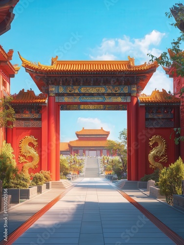 ancient Chinese palace with large red doors, golden dragons engraved on the columns,