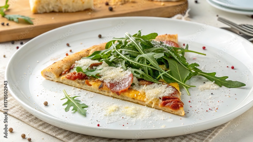 Delicious slice of breakfast pizza served on an elegant white plate, garnished with fresh arugula and sprinkled with cheese Delicious slice of breakfast pizza served on an elegant white plate, garnished with fresh arugula and sprinkled with cheese