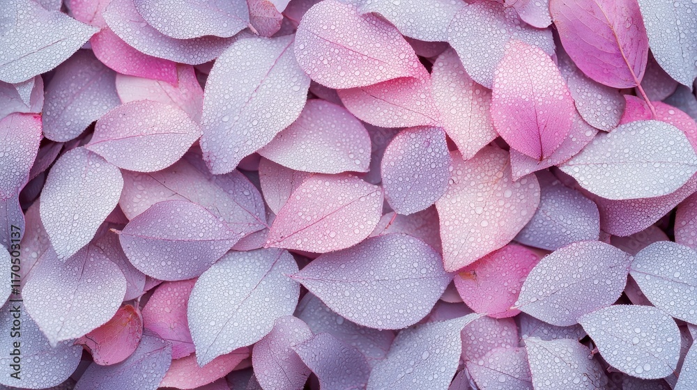 Obraz premium Dew-covered Leaves in Soft Pastel Hues at Dawn - A Tranquil Nature Scene