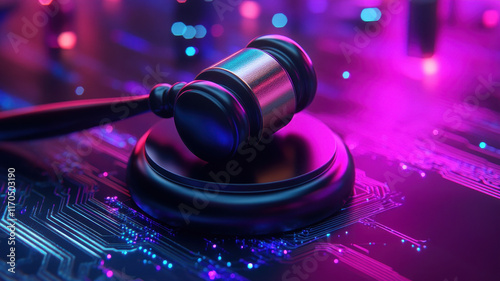 Dynamic gavel with holographic effects in digital courtroom modern technology vibrant led environment