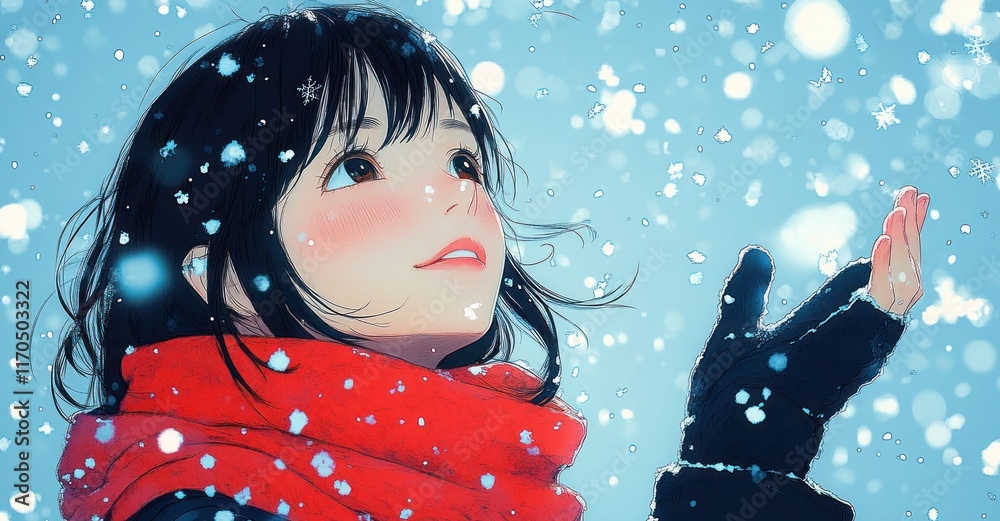 Girl in Red Scarf Looking Up at Winter Sky with Snowflakes Girl in Red Scarf Looking Up at Winter Sky with Snowflakes