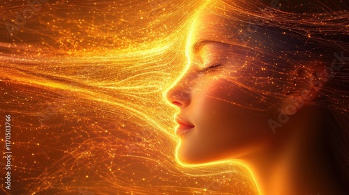 Serene expression of a woman with flowing light patterns radiating warmth and tranquility during dusk in an ethereal setting